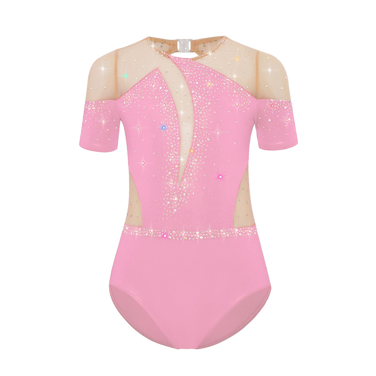 

Girls Figure Skating Leotard Short Sleeve Cutout Back Sheer Mesh Patchwork Shiny Rhinestones Bodysuit 5-6 Years рожевий