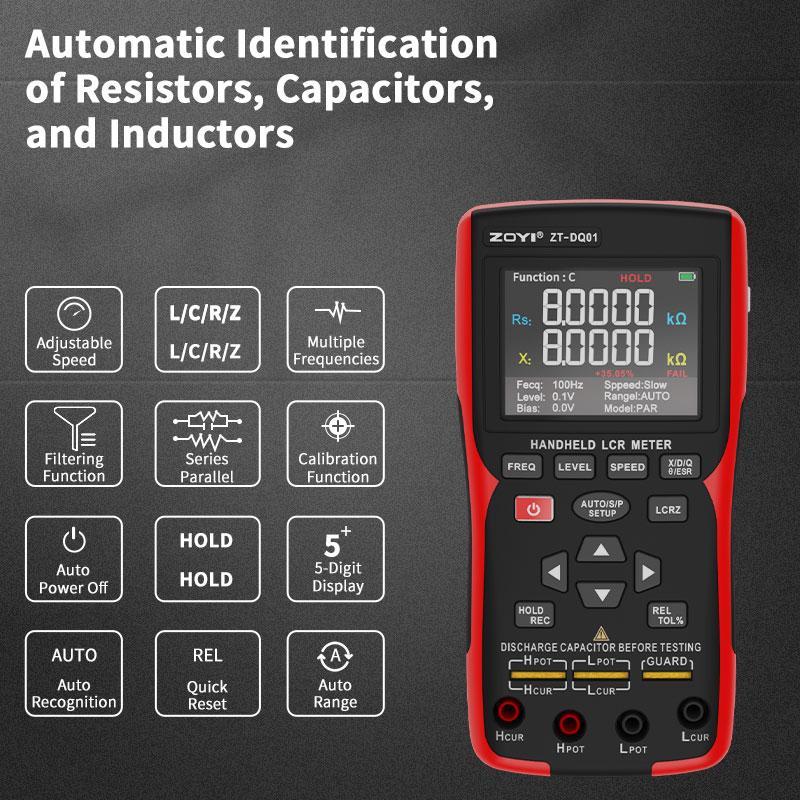 ZOYI ZT-DQ01 Digital Handheld LCR Meter, Measures Resistance/Capacitance/Inductance, Precision Capacitor Tester for Electronics