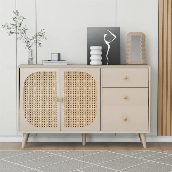 TV Desk Spacious Countertop with 3 Drawers 2 Doors Hutch Cabinet Ergonomic Handle Living Room Home Sideboard Dining Furniture Kitchen