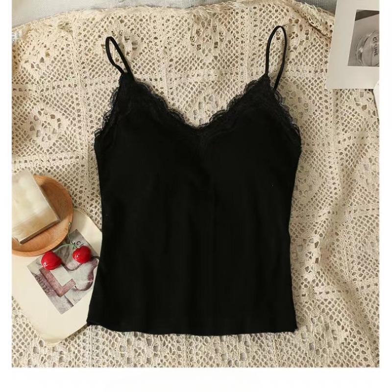 

Женские топы без рукавов, однотонные, корейская версия, V-образный вырез, тонкая модная кружевная строчка с нагрудной подкладкой, майка One Size чёрный