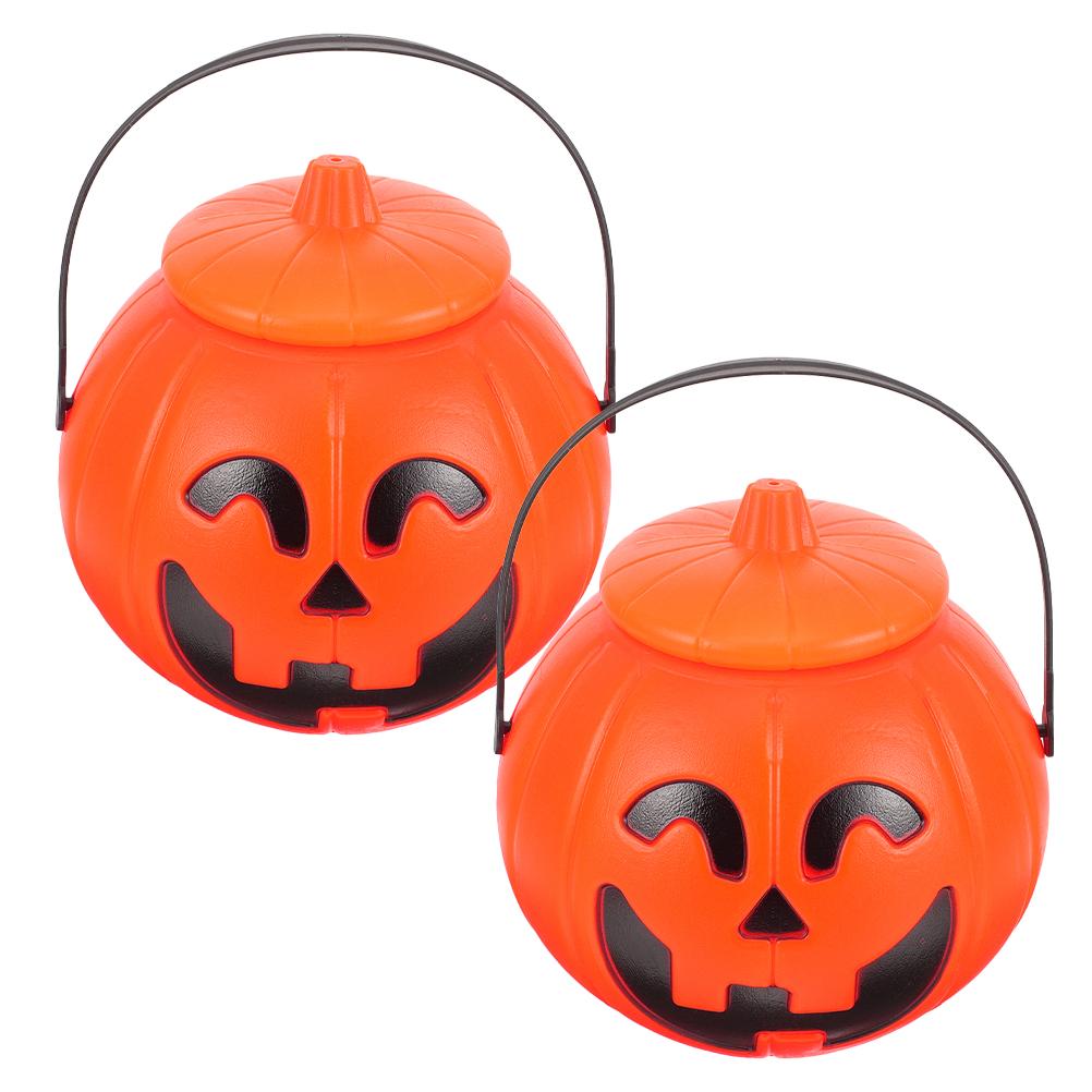 2pcs Pumpkin Candy Buckets Halloween Hanging Bucket with Lid Trick-or-treat Candy Chocolate Cookie Container For Party Kids