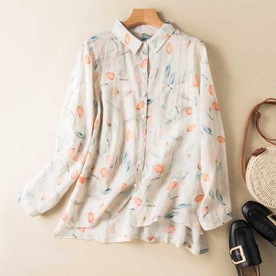 Spring and Summer Retro Printed Shirt Ladies's Cotton and Linen Literary Loose Casual Long-sleeved Top  Clothes