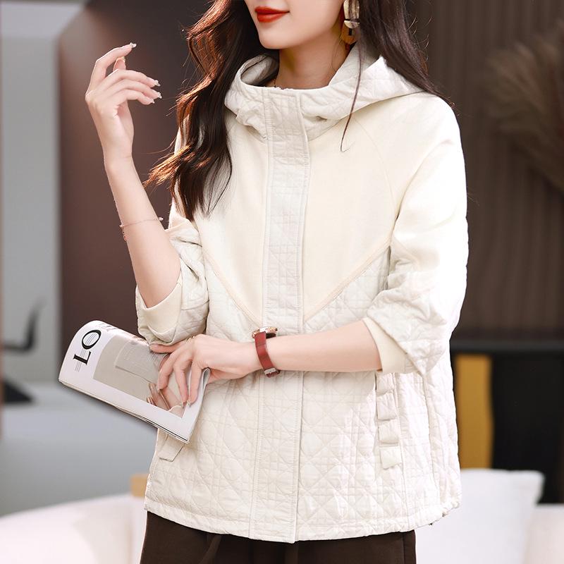 

2024 Женская повседневная куртка с капюшоном в стиле колор-блок - Модный свободный стиль для весны/осени XL (130-150 jin) грязно-белый