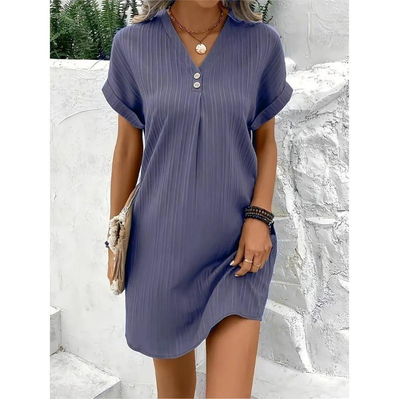 Women's V-neck Solid Color Pullover Casual Button Dress