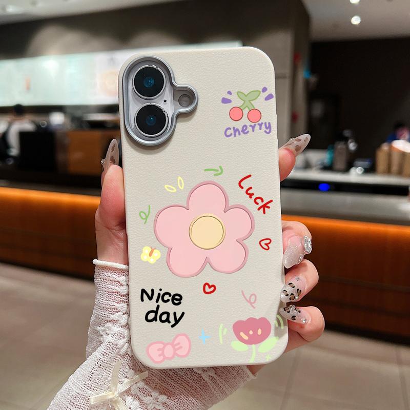 

Милый картонный цветочный узор кожаная текстура тонкий мягкий чехол для iPhone 16 Pro Max 15 14 Pro 13 12 11 матовая защита линз противоударный чехол для телефона TPU iPhone 11 бежевый/белый