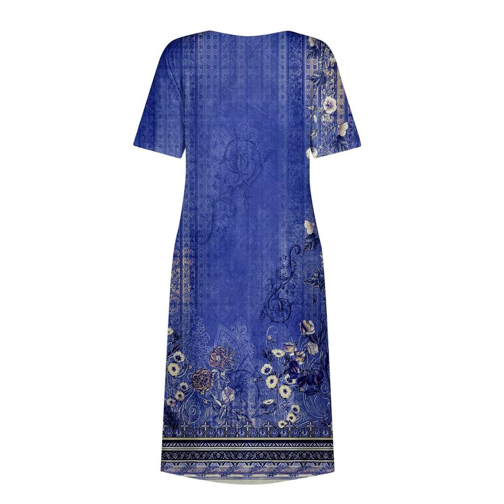 Damen Sommerkleid, lässig, modisch, bedruckt, kurzärmelig, Rundhalsausschnitt, Taschenkleid