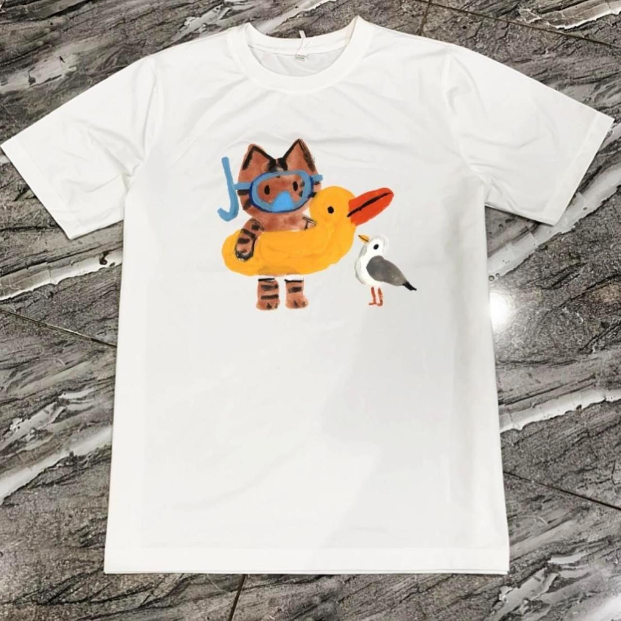 Retro Style White cat and duck Print Short Sleeve Unisex Tee S-5XL M