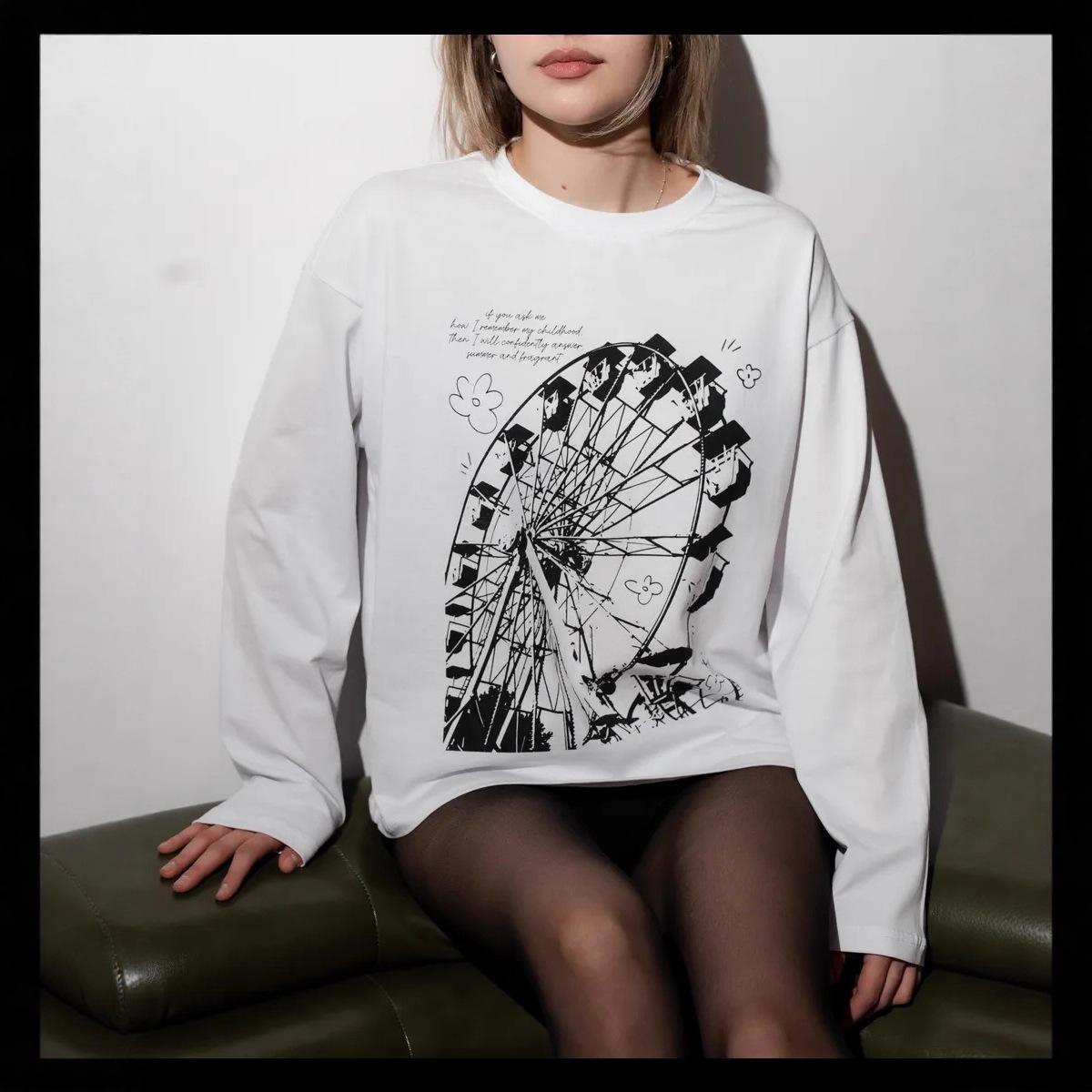 100% cotton t-shirt fashion casual retro niche ferris wheel print American new hiphop top XXXL белый