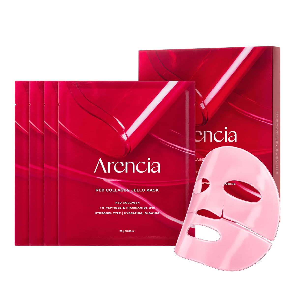 Arencia Red Collagen Jello Mask Moisturizing Hydrogel Face Mask with 5 and Niacinamide Conditioning for Moisturizing Care (4-Pack) Collagen,