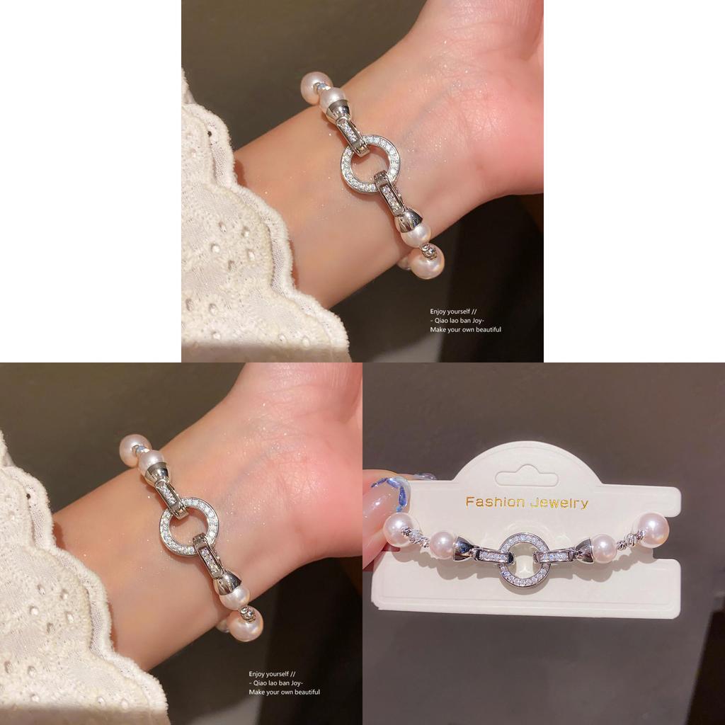 Geometric Zircon Artificial Pearl Bracelet With Silver Finish For Womens Fashion Accessories