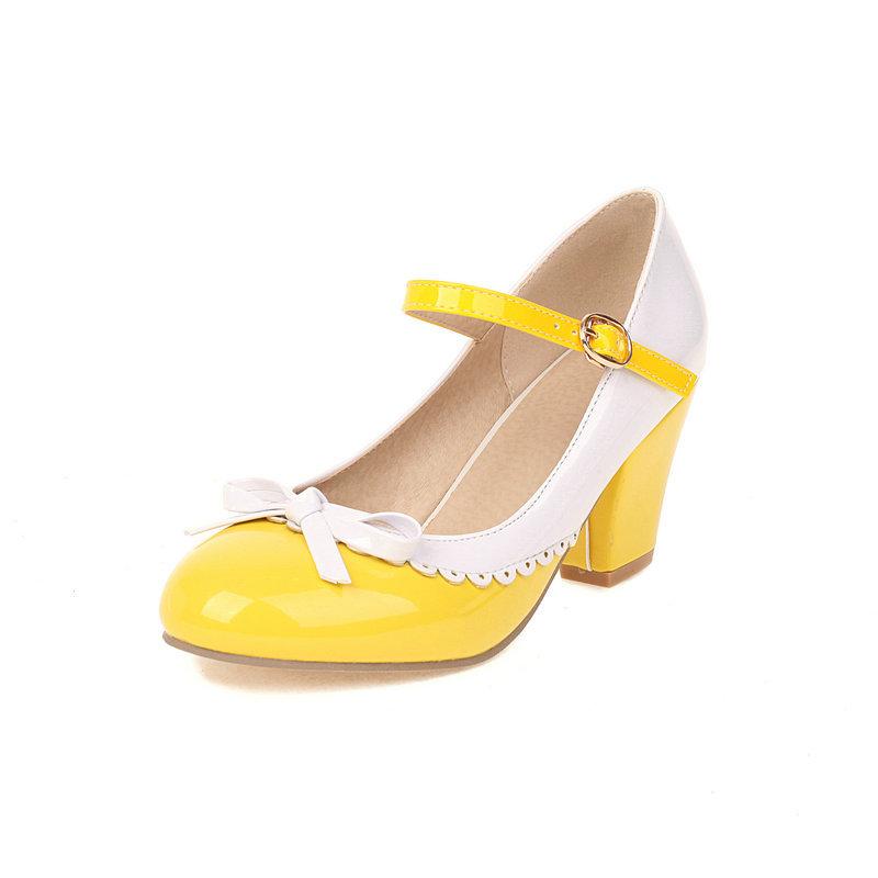 Size 32-48 Girls High Heel Lolita Shoes Woman Patent Leather Cute Bow Mary Jane Pumps Bride Wedding Party Shoes Red Pink Black