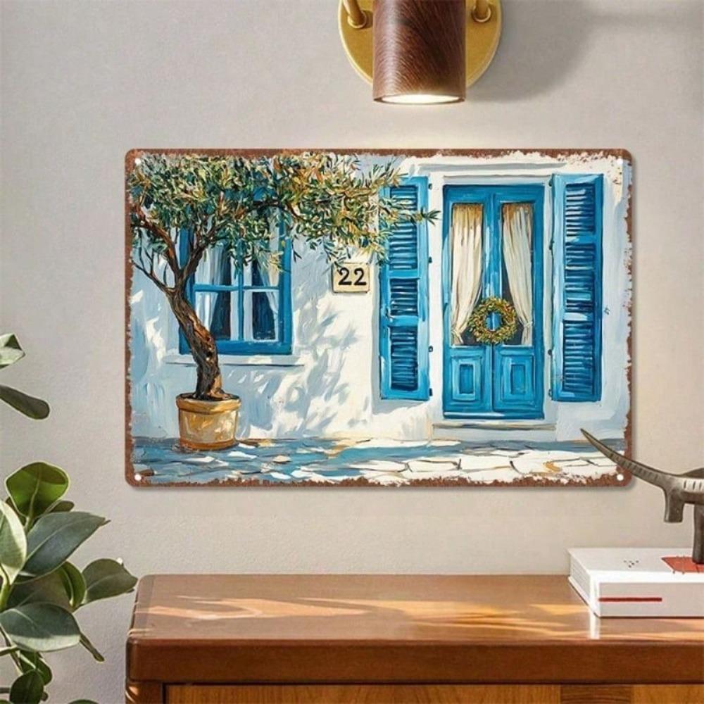 Vintage Olive Tree Blue Door Metal Wall Art 30cm