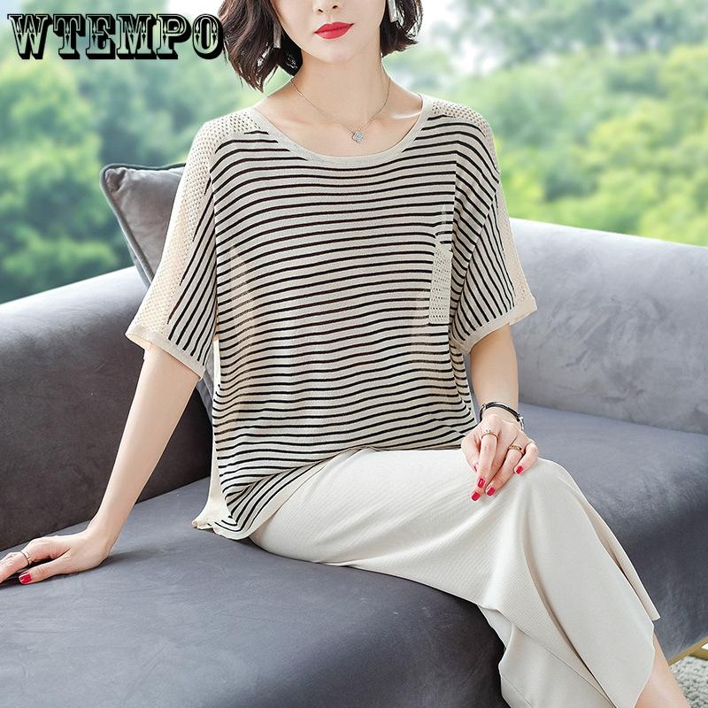 Summer Women's Loose Stripe Top Hollow Knitted T-shirt Women's Ice Silk Short Sleeve T-shirt