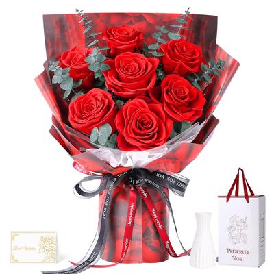 Rosas Rojas Preservadas, 7 Tallos, Fragantes, Jarrón Incluido, Nunca se Marchitan, Ramo Popular para el Día de la Madre, Pedidas de Mano, Aniversarios, Cumpleaños y Más.
