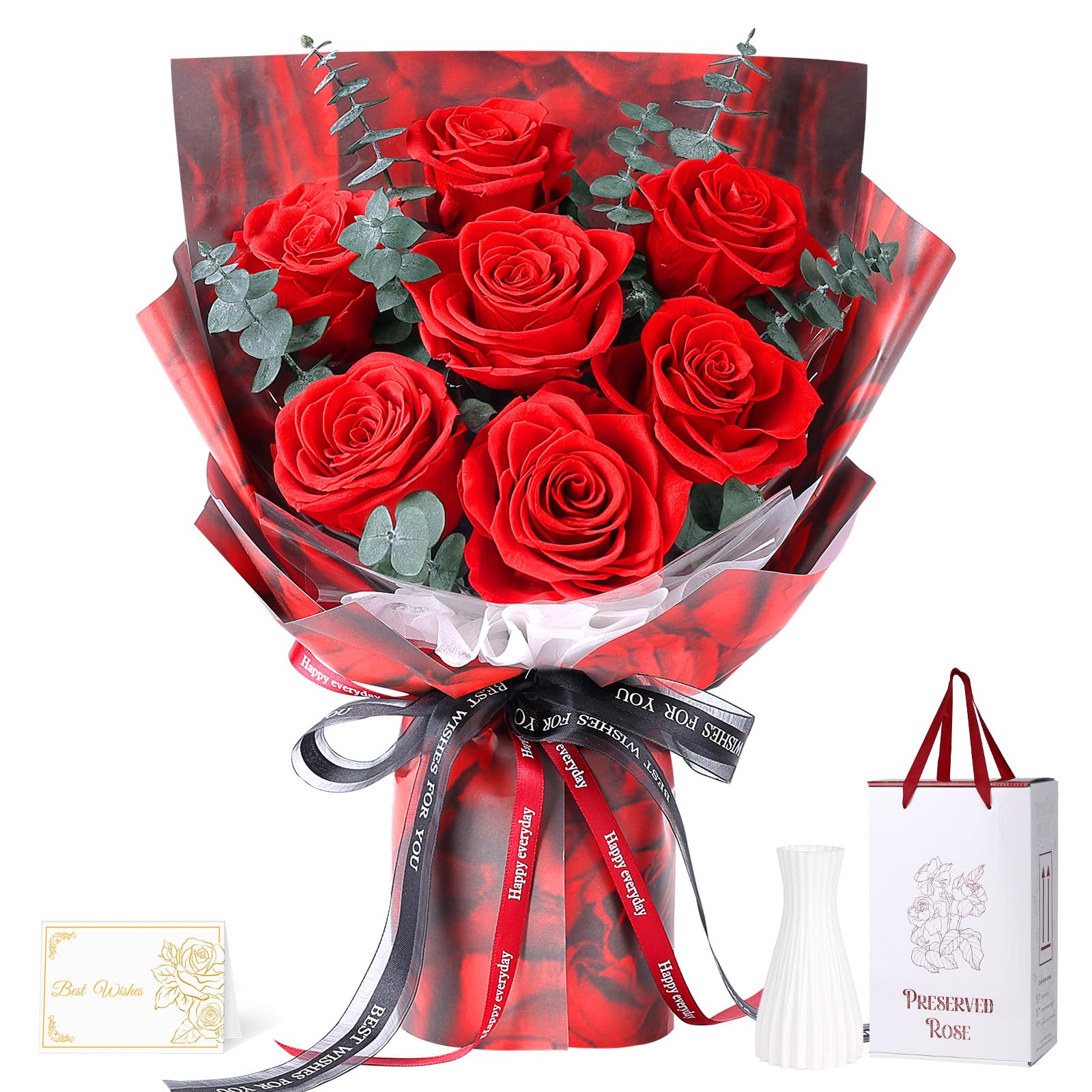 

Preserved Red Roses, 7-Stem, Fragrant, Vase Included, Never Withers, Popular Bouquet for Mother s Day, Proposals, Anniversaries, Birthdays, and More.