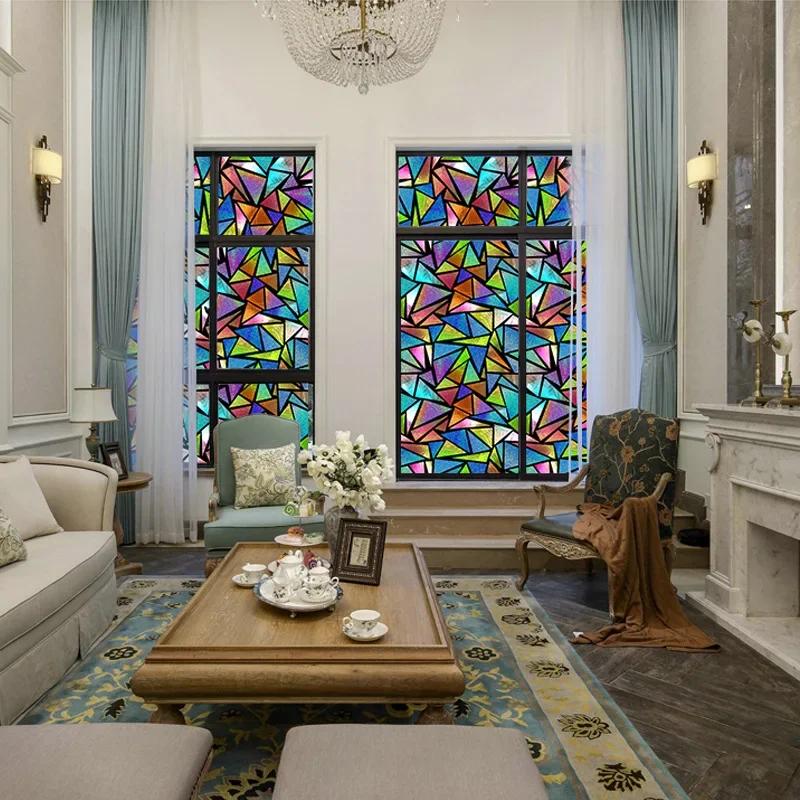 Retro Flowers Colorful Stained Glass Window Film Pattern Non-adhesive Window Decals Static Clings Non-Adhesive Window Stickers