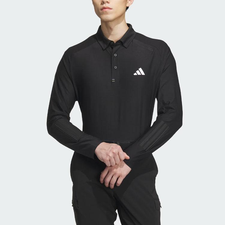 Adidas Long Sleeve Stretch Polo Shirt Solid Logo Golf Men Polo Shirts Black HZ6045