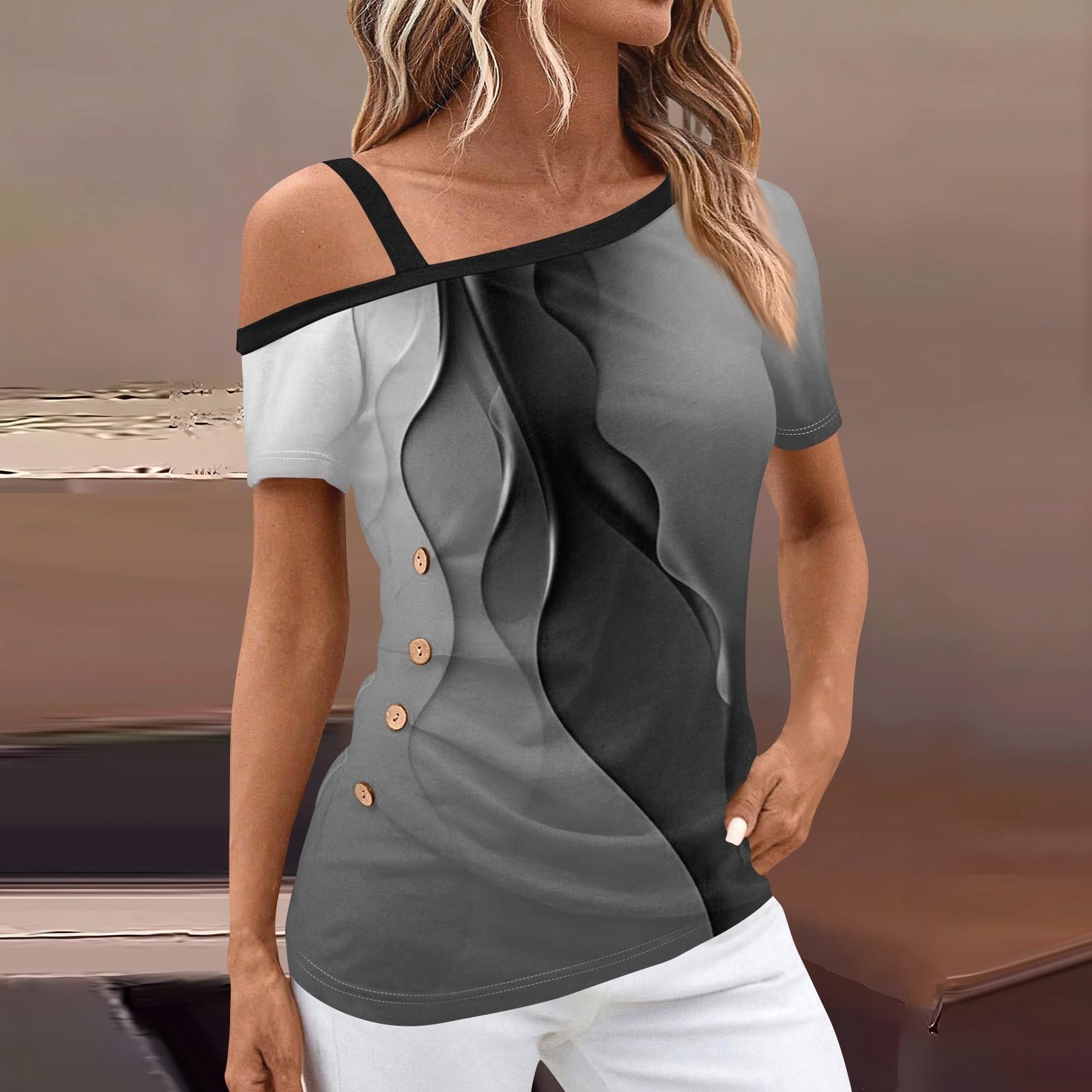 

Женские топы с открытыми плечами, плиссированные футболки с асимметричным вырезом и короткими рукавами, принты L