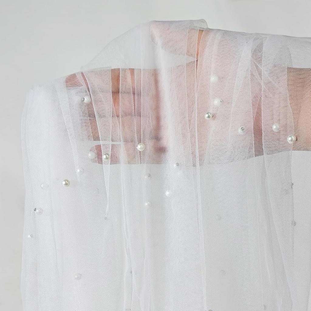 White Pearl Table Runner Tulle Fabric Lace Tablecloth Beaded Pearl Table Cover Mesh Sheer Table Cloth for Bridal Shower Birthday Party Wedding Arch