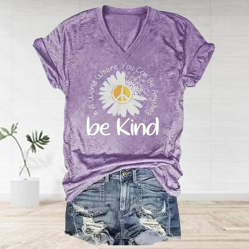 Be Kind Painting Blouses Short Sleeved V-Neck T Shirts Casual