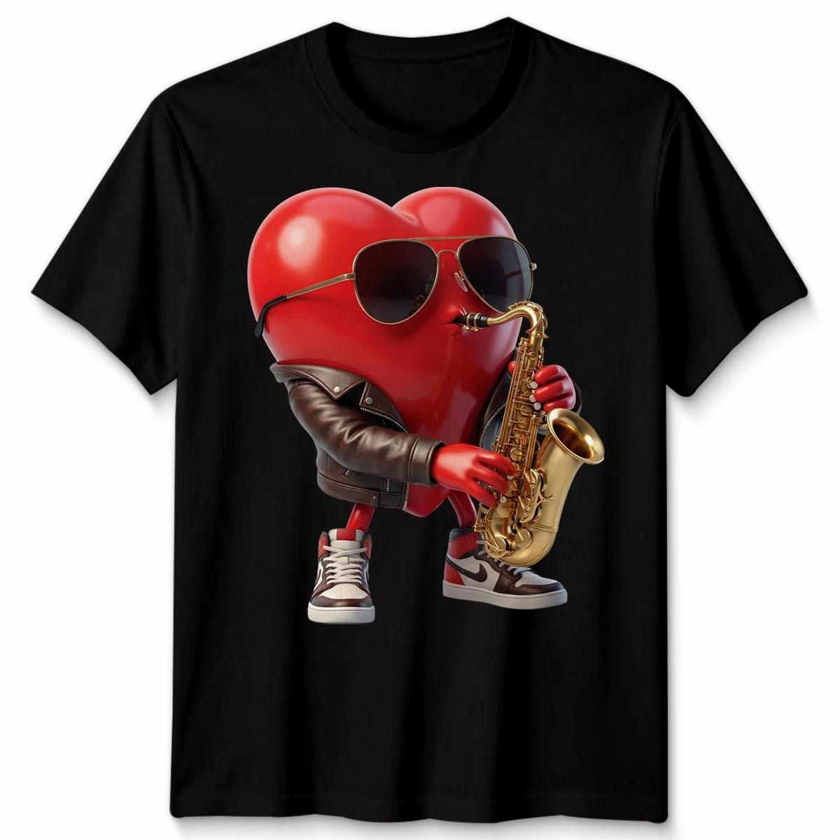 Anthropomorphic Heart Playing Saxophone Music Mens T-Shirt Womens Graphic Tee S