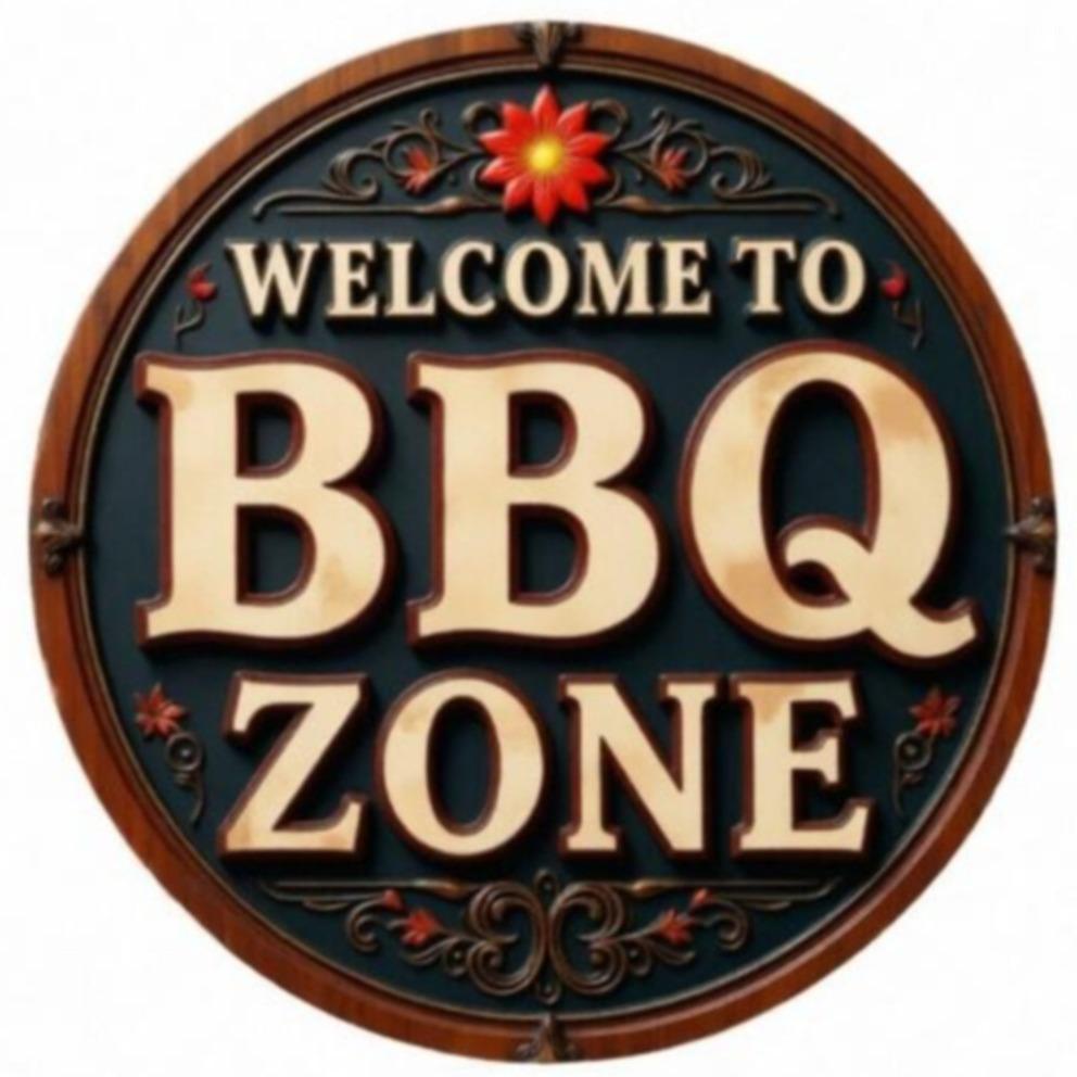 Vintage BBQ Area Round Metal Tin Sign Grilled Steak Vegetables Flame Pattern Retro Wall Decor for Backyard Patio Bar