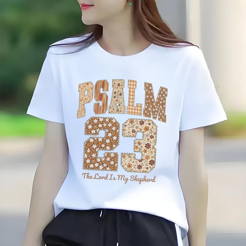 Fashionable Retro PSALM Printed Pattern Tshirt Short Sleeved Round Neck Casual Versatile Womens Tshirt
