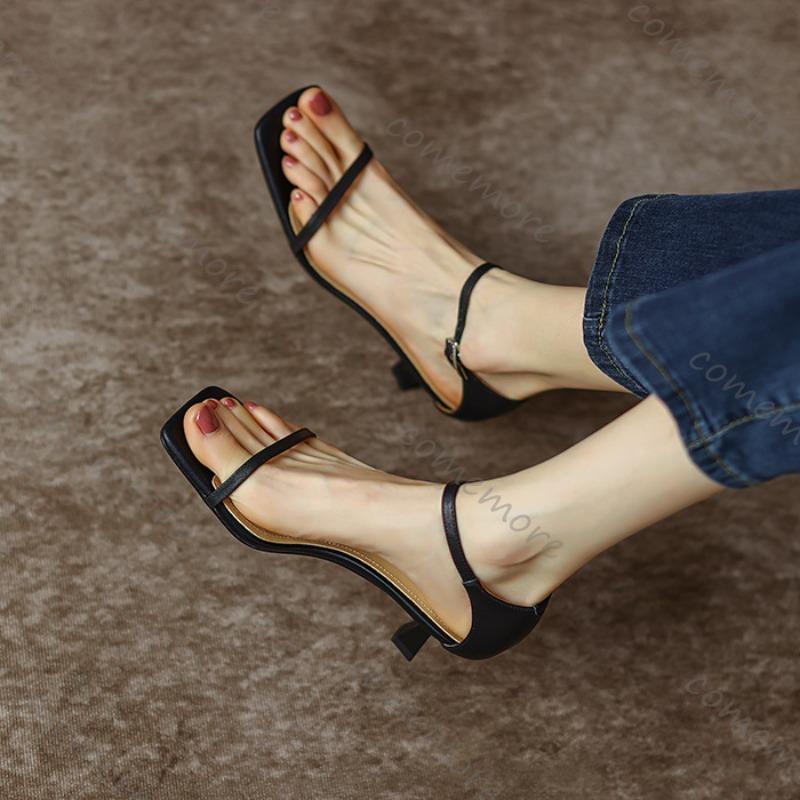 Fashion Ankle Strap Middle Heeled Sandals Women Fashion Pu Leather Square Toe Sandales Woman Summer Buckle Party Pumps Shoes Female