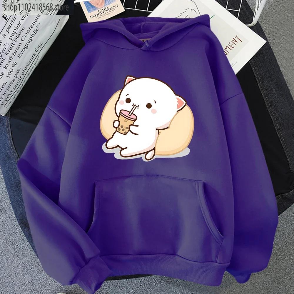 Mikiny Bubble Tea Broskvová Kočka Kawaii Potisk Mikina Ženy Harajuku Streetwear Kreslený Vzor O-Výstřih Top Oblečení