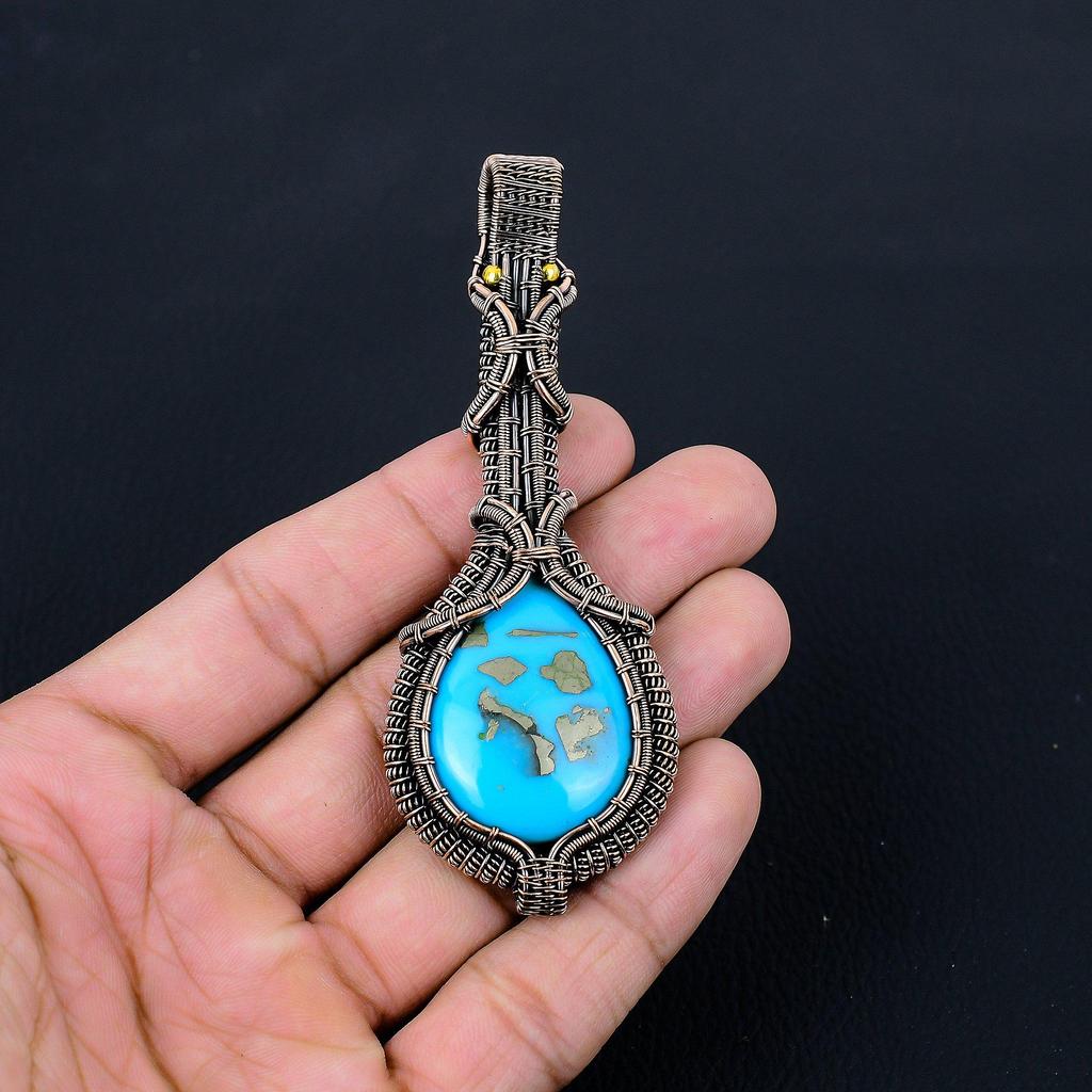 Gorgeous Turquoise Gemstone Pure Copper Wire Wrapped Handmade Pendant Jewelry