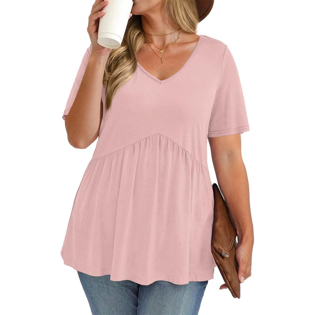 Women's Plus Size Fashionable Casual Loose-Fit V-Neck Short-Sleeve Top