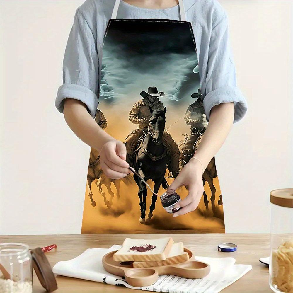 1pc Cowboy Horse Riding Apron Linen Western Theme Kitchen Cooking Baking Smock Adult Chef Gift Men Women Ranch Art Design