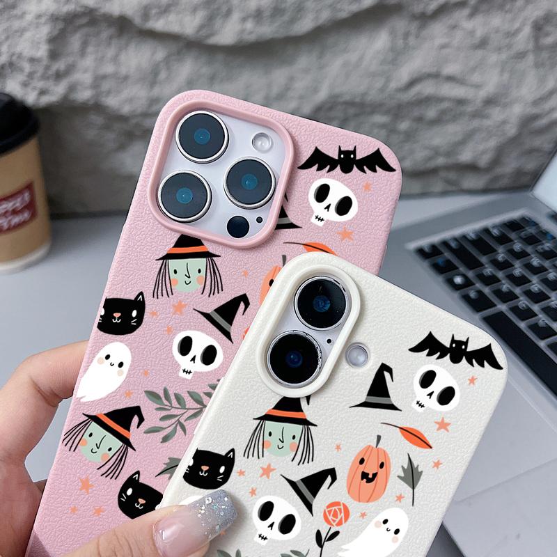 Ghost Witch Skulls Print Phone Case For iPhone 17 Pro Max Funda iPhone 16 Pro Max 15 14 13 12 11 16e Air Leather Texture Silicone Soft Cover