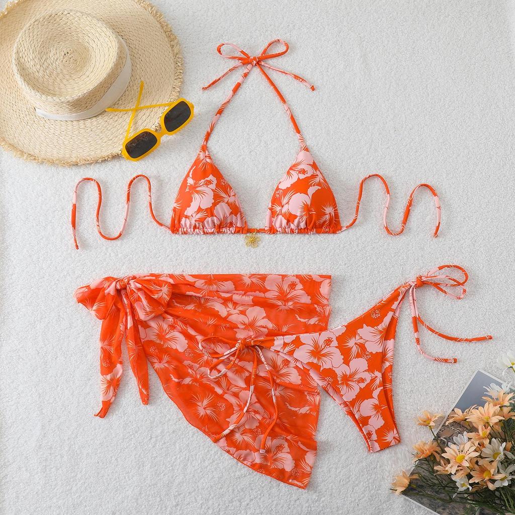 2026 Women's European & American High-Waisted Three-Piece Solid Color Swimsuit Bikini Set
