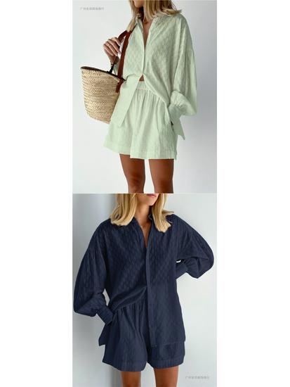 2026 Autumn Women's European-American Style Jacquard Puff Sleeve Shirt and Shorts Casual Set