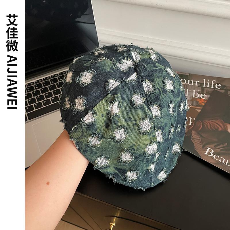 

Denim old hole forward hat women s retro big head circumference temperament beret versatile fashion cap Adult (55-58cm) темно-зелений колір