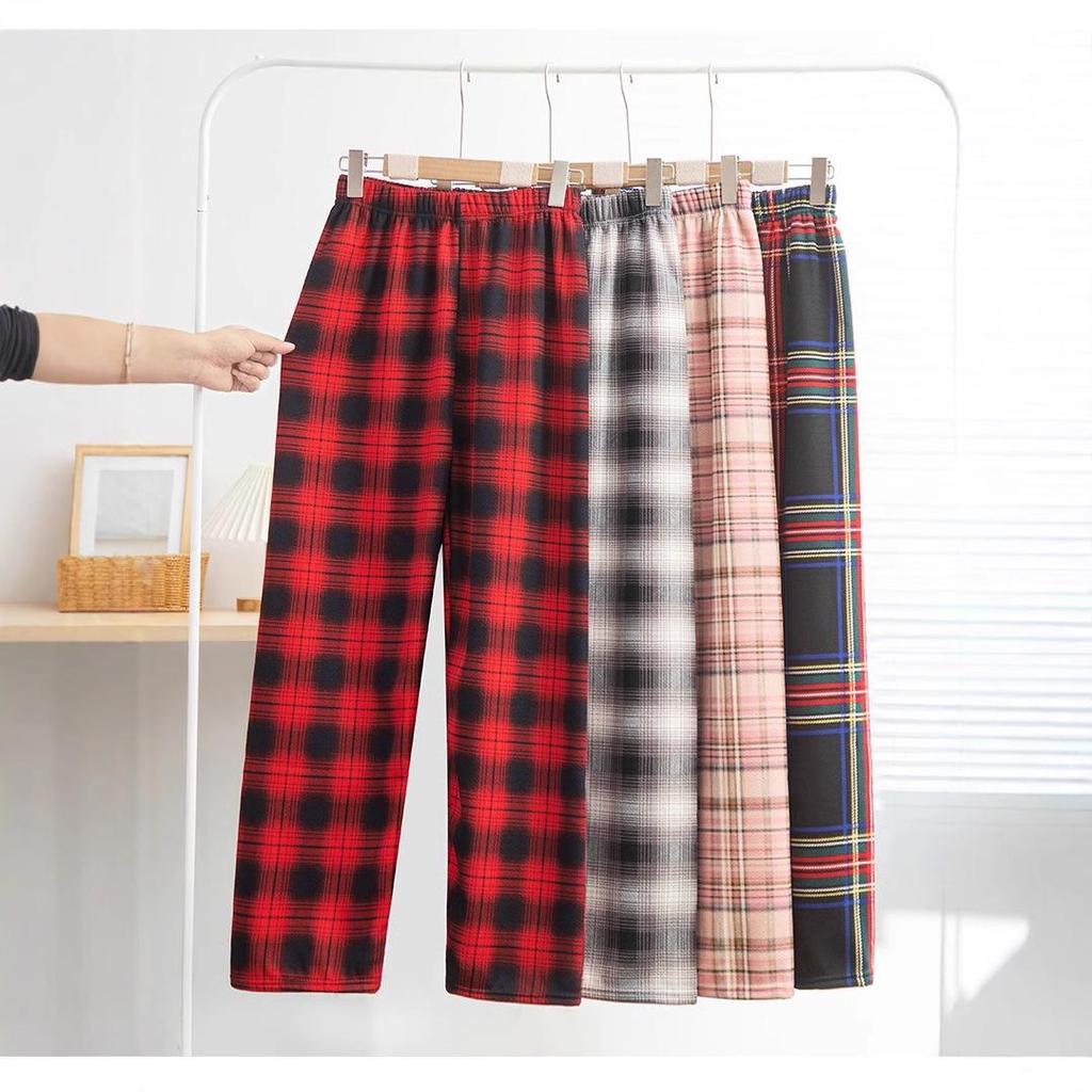 Women's High-Waist Black & White Plaid Wide-Leg Pants - Slim, Versatile, Casual, Loose, with Velvet, Ideal for Autumn and Winter