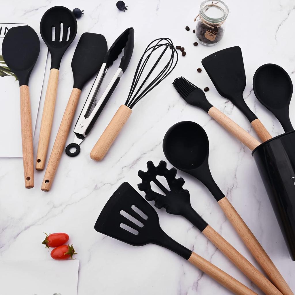 1pcs Black Silicone Balloon Whisk,Heat Resistant Non Scratch Coated Kitchen Whisk with Wooden Handle for Blending Whisking Beating Stirring Cooking
