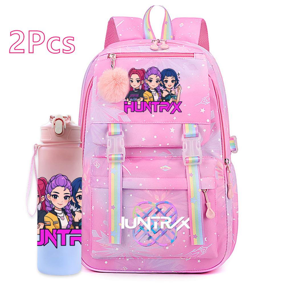 2Pcs/set Cartoon Kpop Printed Backpack with 750Ml Water Bottler for Teenager Girl Boy Bookbag Kid Gift Large Capacity Travel Bag Mochila