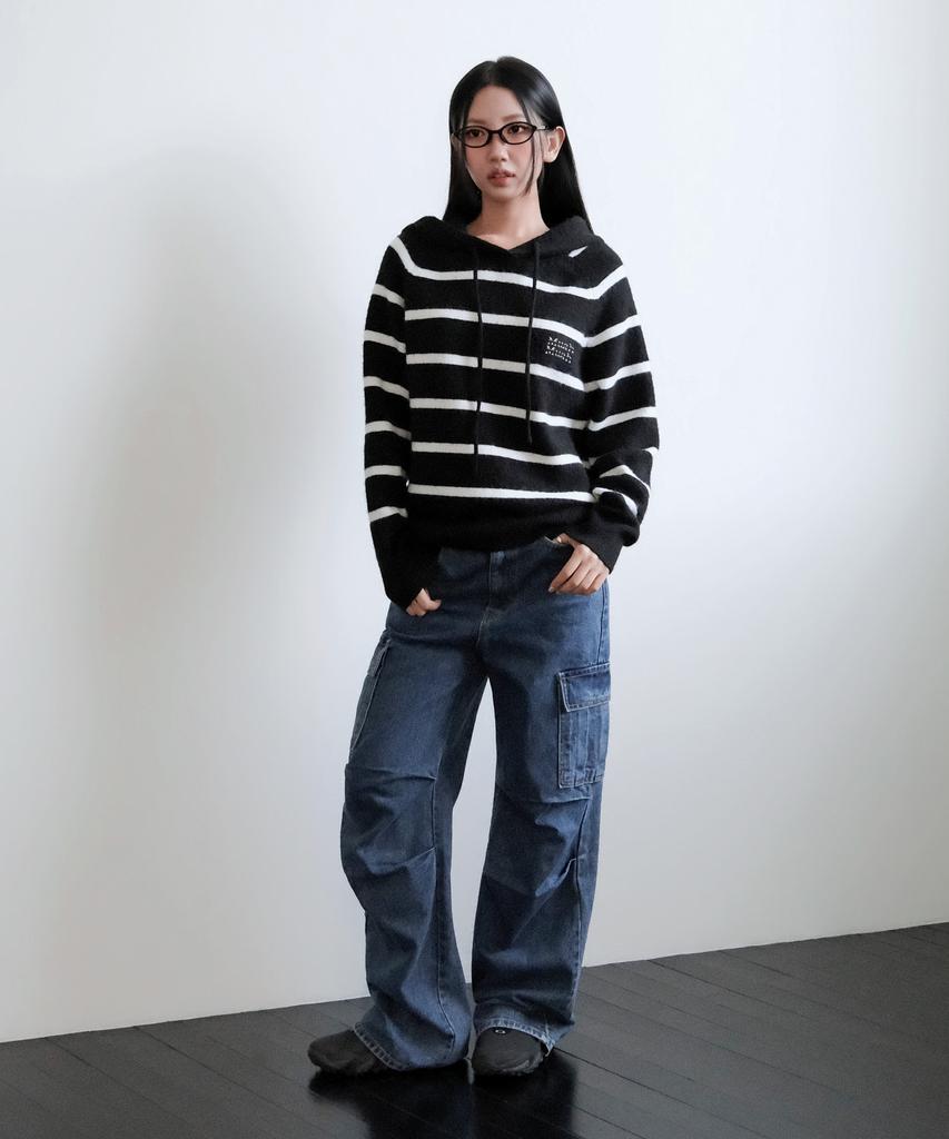 MUAHMUAH Striped Wool Brushed Hoodie Knit [Black]