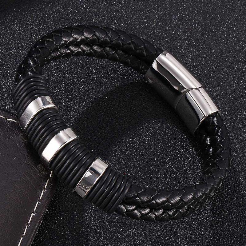 Men Black Double Leather Bracelets Stainless Steel Clasp Bracelets Bangles Fashion Wristband Gift