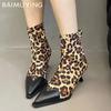 Leopard Suede Women Ankle Boots Pointed Toe Mid Heels Sexy Shoes Winter Fashion Chelsea Boots  Trend Pumps Goth Botas Mujer