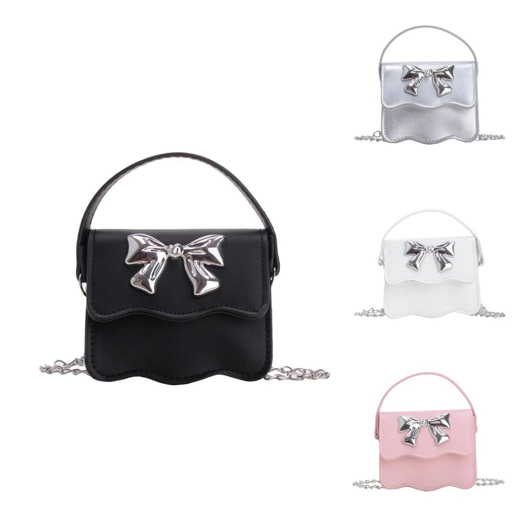 Cute Solid Color Silver Bow Decoration Kid Mini Shoulder Chain Bag For Summer Casual Wear