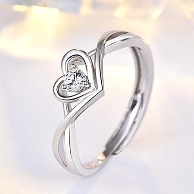 Fashion Ladies Crystal Love Heart Adjustable Open Rings Jewelry