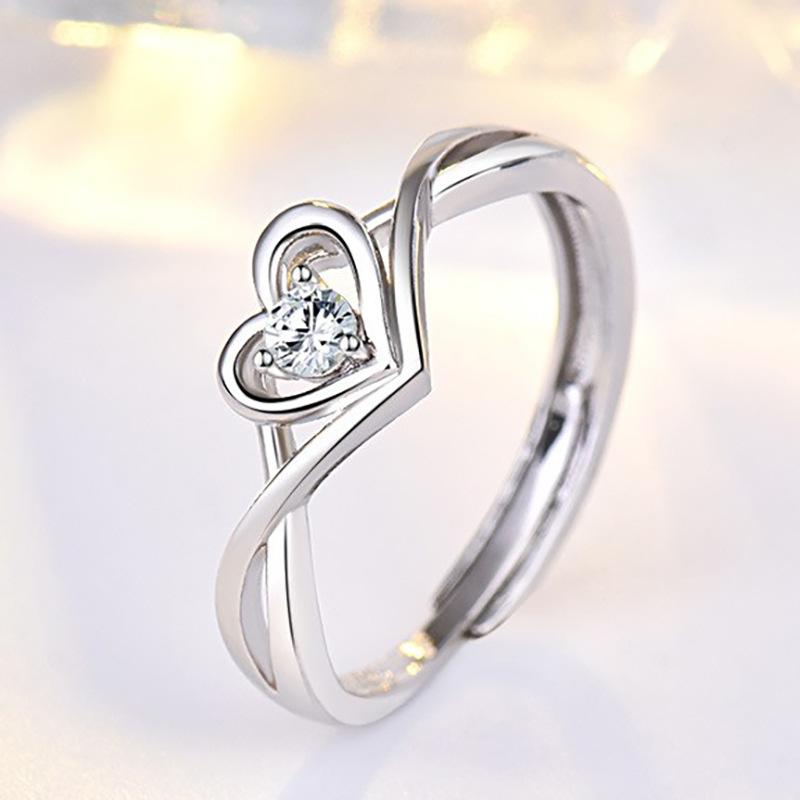 Fashion Ladies Crystal Love Heart Adjustable Open Rings Jewelry