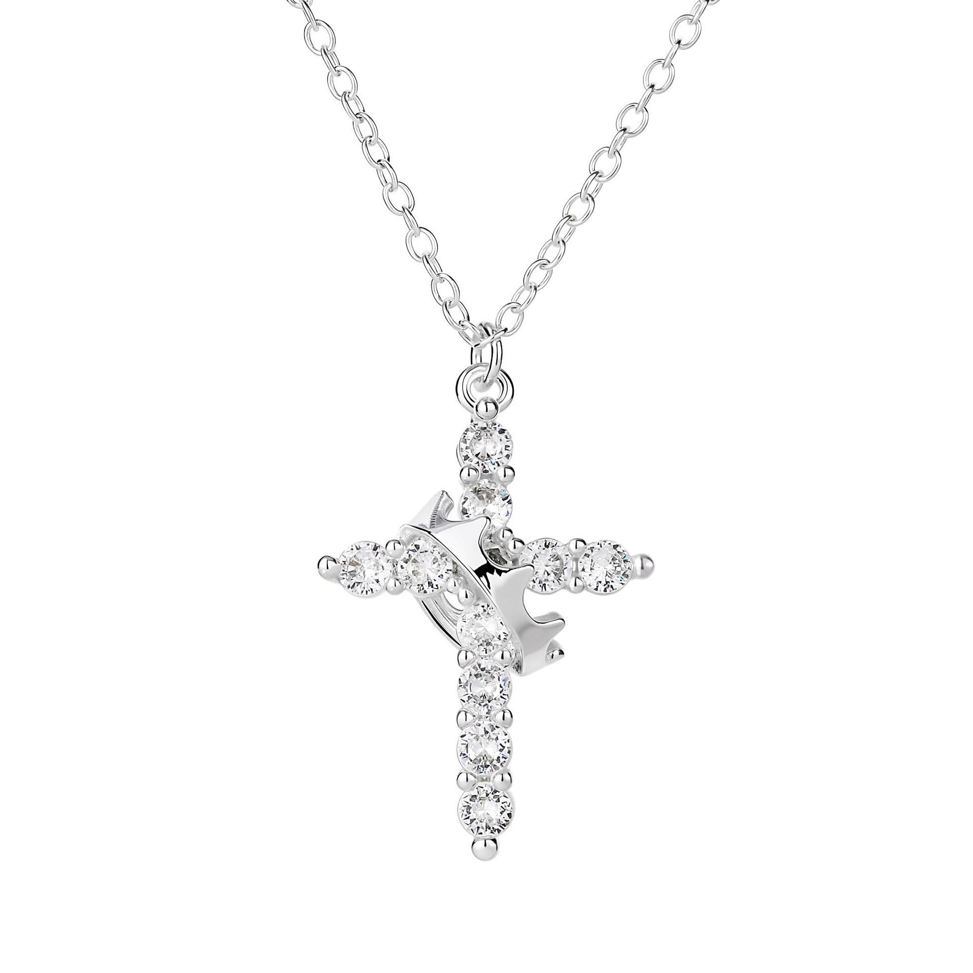 

Rotating Diamond Crown Cross Pendant Necklace Versatile Communion Baptism Earring Set