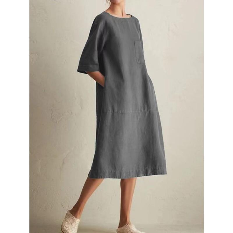 Solid Color Casual Round Neck Mid Sleeve Pocket New Dress Summer