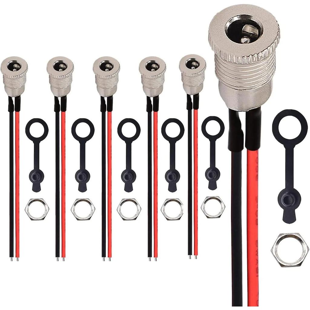 6PCS Female DC Thread Female Panel Adapter 5.5mm X 2.1mm Male 18AWG Wire DC Power Mount Female 2 Pin Solder