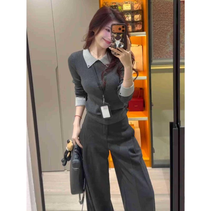 olo lapel contrasting color knitted sweater women's autumn and winter new slim-fitting front shoulder soft waxy long-sleeved inner top sweater