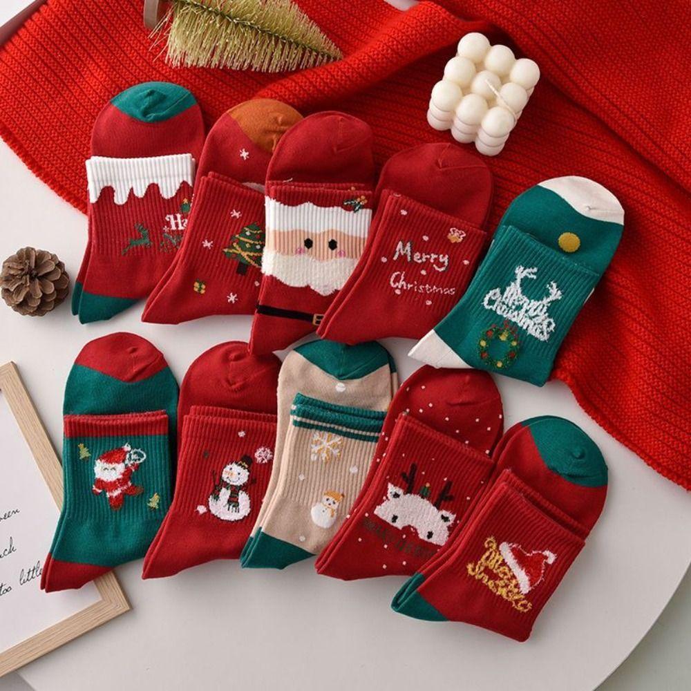 5Pairs Cartoon Christmas Socks Snowman Santa Claus Tube Sock High Ankle Socks Mid-calf Socks  Girl